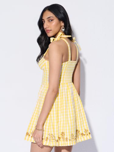 The Souled Store Disney: Bonjour Women and Girls Sleeveless Sweetheart Neckline Yellow Gingham Check Polyester Cotton Blend A-Line Holiday Ready Lightweight Casual Dress