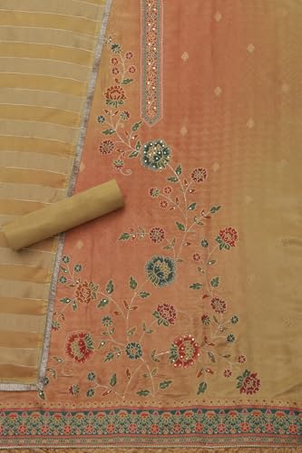 Soch Womens Beige Tissue Shimmer Floral Print Unstitch Dress Material With Zari