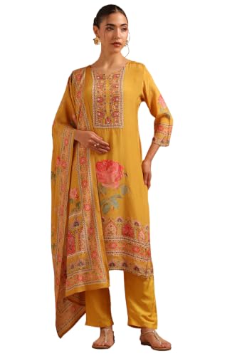 Soch Womens Mustard Muslin Digital Printed Botanical Salwar Suit