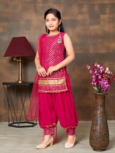 Aarika Girls Ethnic Wear Rani Colour Sequin Embroidery Lace Work Georgette Kurti Patiala Set (10-15 Years)