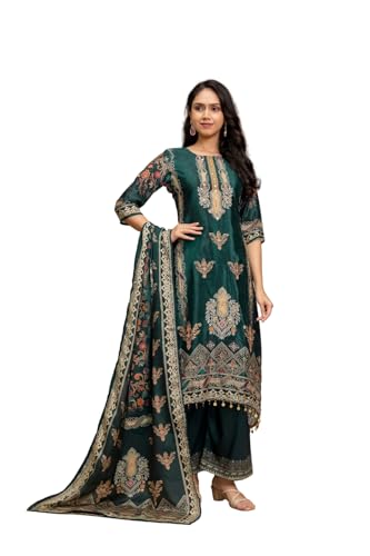 NIVANA Embroidered & Printed Asymmetric Kurta with Palazzo & Printed Dupatta | XXL | Teal | Paisley & Floral Print | 3 Piece Ethnic Set