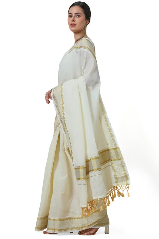 Soch Womens Cream Cotton Blend Zari Woven Kasavu Saree With Tassels