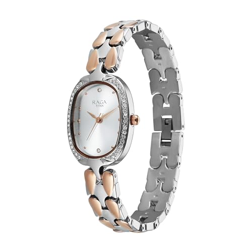Titan Raga Showstopper 4.0 Quartz Silver Shaped Dial Women's Watch | Rose Gold Colour Band | Watches for Women Analog - 95347KM01