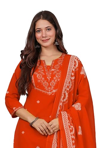 Amayra Women's Pure Cotton Embroidered Straight Kurta Set with Palazzo Pants & Dupatta- Ethnic Wear, Orange(TCK698,XXL)