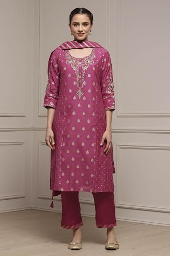 Biba Women's Cotton Jacquard Kurta Set (SKDVRNSI30719AW25PINK_Pink