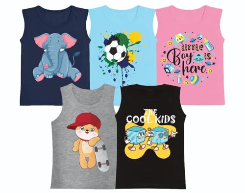 LENAM Stechable Cotton Soft Comfy Kids/Baby Tshirt with Multi Prints- 5pcs Combo - Breathable, Casual Crew Neck Tee for All Seasons (in, Age, 6 Months, 12 Months, Regular, Sleeveless)