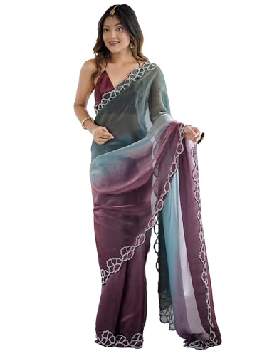 AKHILAM Women's Metallic Satin Ombre Printed Saree With Unstitched Blouse Piece (AARYAN20703_KR)