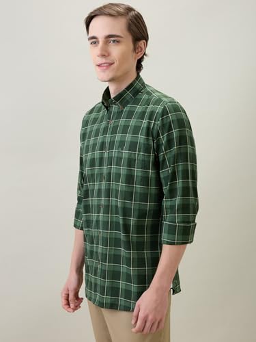 Raymond Men Regular Fit Checks Pattern Pure Cotton Button Down Collar Full Sleeve Casual Shirt Green