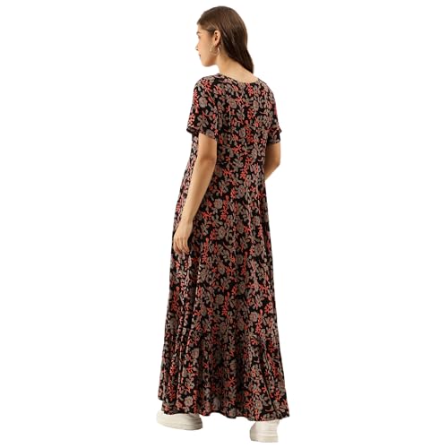 Divena Black Multi Floral Printed Rayon Ethnic Dress for Women