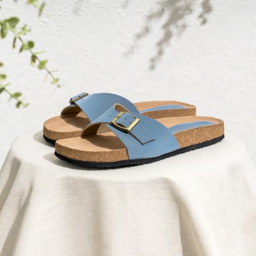 Indifeet Cork Sandal for Women Stylish Buckle Sandals Footwear Ladies Light Slippers Flats Women’s Double Strap Casual Corks Flat Womens Adjustable Slides Girls Daily Use Water Resistance Chappal Blue