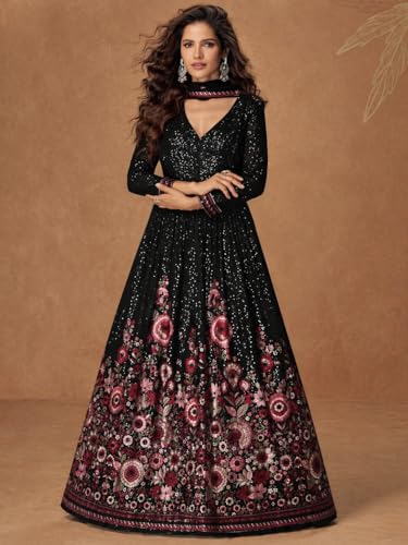 Miss Ethnik Women's Black Faux Georgette Stitched Gown with Embroidered Dupatta Full Sleeve Embroidered A-Line Gown (ME-1304-Black-XL)