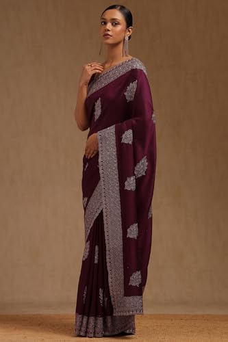 Soch Womens Magenta Tussar Embroidered Saree With Stone Work