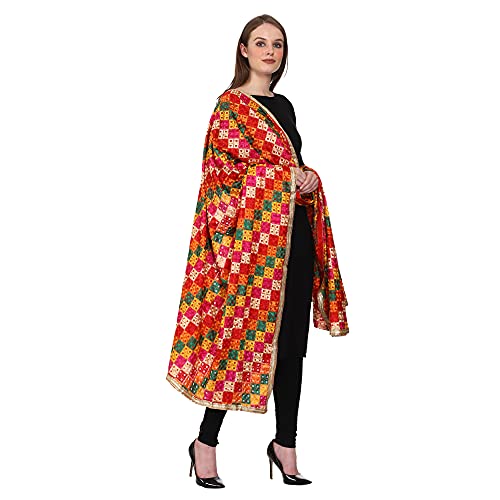 SWI WITH LABEL Women's Embroidered Phulkari Chiffon Dupatta