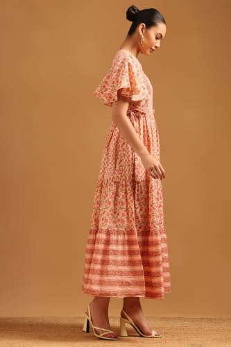 Soch Womens Peach Pure Cotton Botanical Dress with Bead