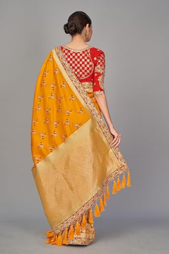 Monjolika Fashion Women's Traditional Zari Woven Banarasi Tissue Silk Saree Comes With Unstitched Blouse Piece (Amber)