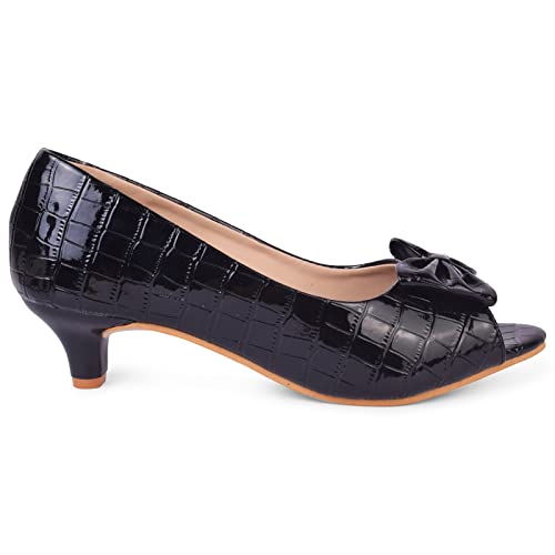 XE Looks Women's Black Patent Peep-Toe Heels | Textured Glossy Finish with Bow Design | Stylish, Comfortable & Trendy Kitten Heel Pumps For Girls & Women