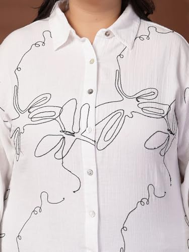 Women Plus Size Abstract Printed Monochrome Cotton Casual Shirt (FSTP23579-WHITE-3XL)