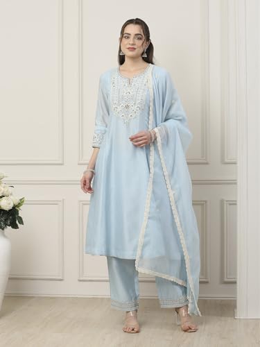 BIBA Women Blue Silk Chanderi Kalidar Suit Set_32