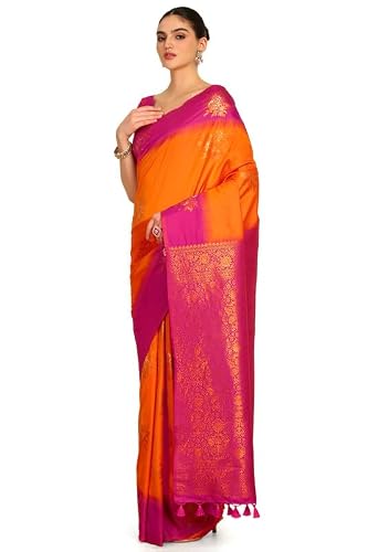 Soch Womens Orange Floral Zari Woven Design Silk Blend Saree With Tassels