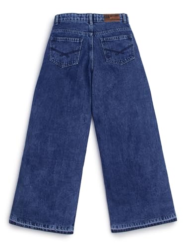 Knit N Knot Girls' Kids Premium Indigo Blue Wide Leg high Rise Flared fit, Relaxed Loose Ruptured Cloud Bottom Effect Jeans | Regular Casual Festival Occassional Wear | Non Stretch | Adjustable Waist