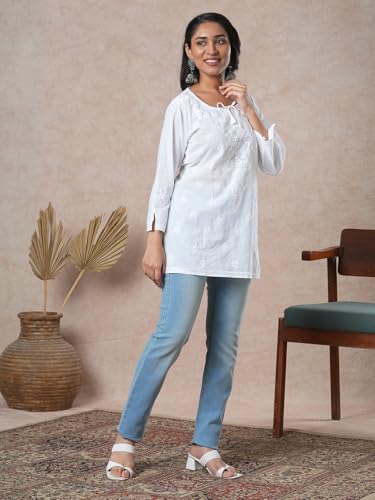 Ada Lucknowi Hand Embroidered Chikankari Straight White Cotton Top Tunic Kurti for Women A911209 (3XL)
