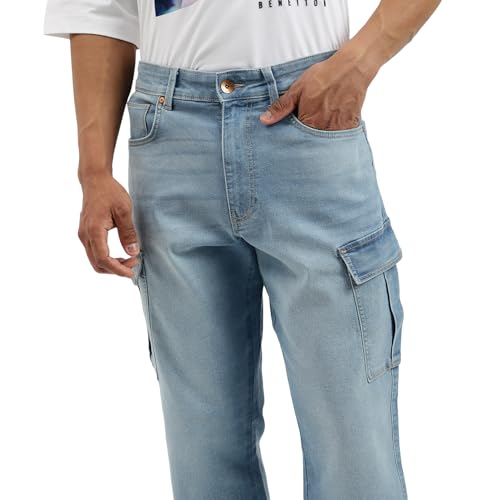 United Colors of Benetton Solid Comfort Fit Ice Wash Cargo Jeans (Size: 40)-25A4MBOO5024I901