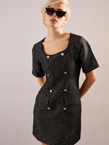 Sassafras Women Black Tweed Round Neck Short Dress S