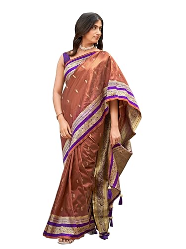 MANOHARI Women's Most Trendy Banarasi Satin Silk Woven Orange Brown & Purple Saree With Heavy Jacquard Work Saree With Blouse Piece_MN2058