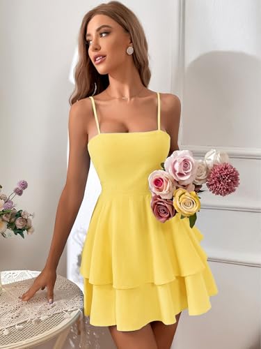 Marivoné® Women Backless Bow-Tie Mini Dress | Sleeveless Spaghetti Strap Solid Color Slim-Fit Summer Dress Yellow