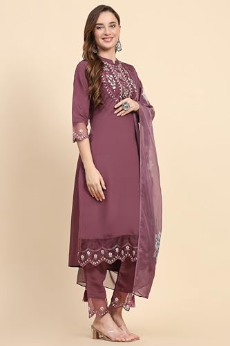 TRENDMALLS Women's Satin Silk Embroidery Salwar Suit Set Kurta Pant with Dupatta (G192-Purple-XXL)