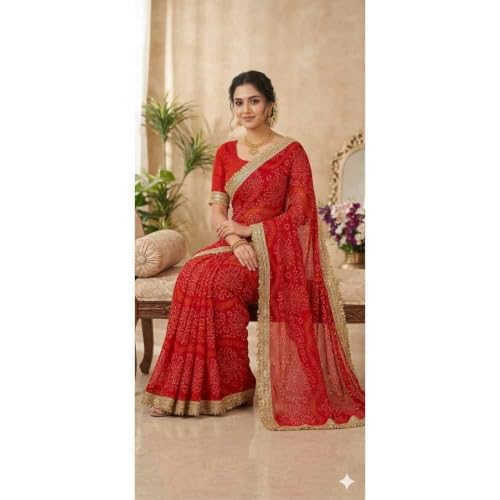FreHee Red Bandhani Print Chiffon Saree with Gold Lace Border