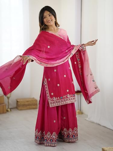 Leeli Peeri Designer Women's Chinon Silk Embroidery Kurta Palazzo and Dupatta Set
