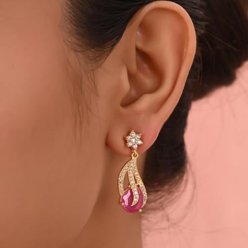 RATNAVALI JEWELS Red American Diamond Traditional Ruby Necklace Pendant Set with Earring for Women