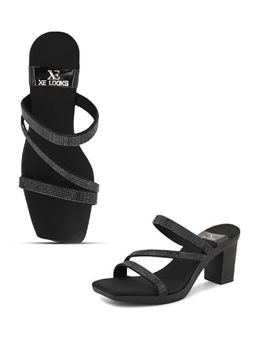 XE Looks Black Women's Fashion Sandals | Faux Leather Soft and Trendy SlipOn Block Heel | Casula & Wedding Occasion | For Women & Girls