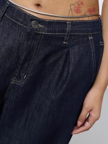 The Souled Store Barrel-Fit Denim: Indigo Blue Women Girls Elastic Back Waistband Solid Cotton Denim Wide Leg Relaxed Fit Lightweight Everyday Comfortable Jeans