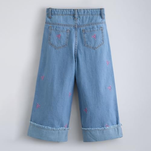 Hopscotch Girls Bow Embroidered Denim Straight Jeans in Blue Color for Age (4-5 Years)