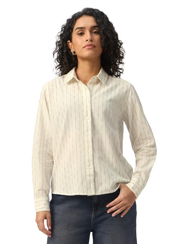 The Souled Store Stripe Shirt: Marina Women and Girls Full Length Spread Collar Off-White and Blue Striped Cotton Relaxed Fit Breathable Lightweight Everyday All-Season Shirt