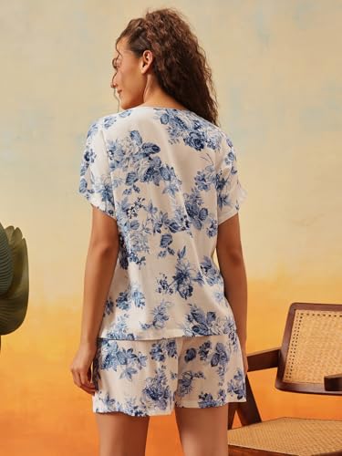 Clovia Women's Rayon Floral Print Top & Shorts Set (LS0533J18_White_S)
