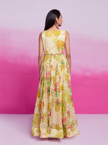 FUSIONIC Floral Print Anarkali Gown Cream