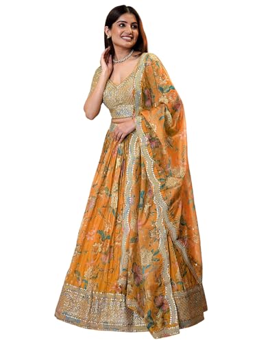 Zeel Clothing Women'S Print And Sequins Embroidered Organza Lehenga Choli With Dupatta (7066-Orange-Women-Lehenga-Choli-Latest, Free Size) (Orange) | Finish Type: Semi Stitched