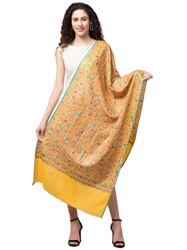 tweedle Pure Wool Kashmiri Nalki Embroidery Yellow Stole/Wrap for Women, Fine and Soft Scarf for Girls (26 x 76 Inches)