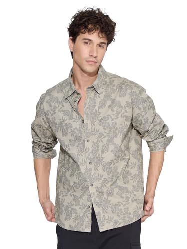 The Souled Store So Natural Men and Boys Long Sleeves Collared Neck Button Front Grey All Over Printed Cotton Relaxed Shirts