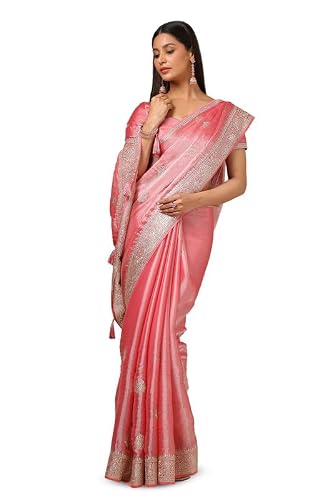 Soch Womens Peach Organza Embroidered Saree With Stone Work