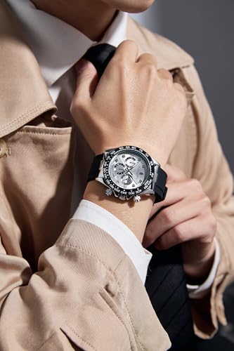 London Fog Bond Collection Analog Quartz Watch for Men with Silver Dial and Black Silicone Strap, Metal Case with Tachymeter Bezel, Chronograph Function, Date Display, LFM10003-02
