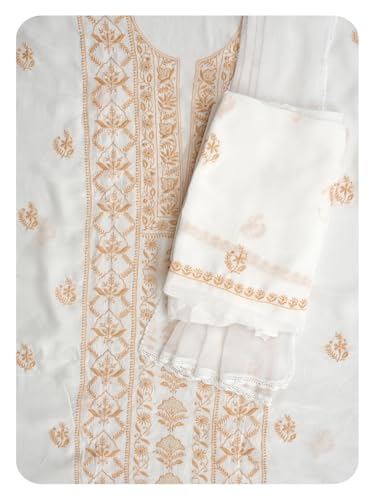 Ada Hand Embroidered Lucknowi Chikankari Unstitched Crepe Dress Material Suit Piece with Dupatta for Women 08A500843 White