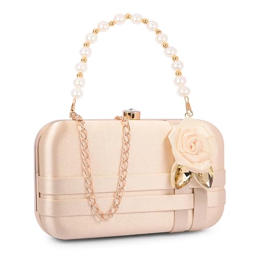 ADISA Studded flower formal party clutch with pearl handle and gold chain for women and girls (CL111-GOL)