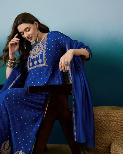 LYMI LABEL Zari Sequence Embroidered Blue Silk Blend Foil Printed Kurta Pant with Dupatta