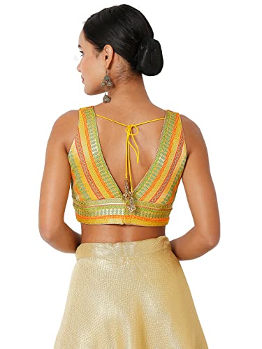SALWAR STUDIO S Women's Yellow Multi Brocade Self Design Readymade Saree Blouse-SSB4195-YMLT