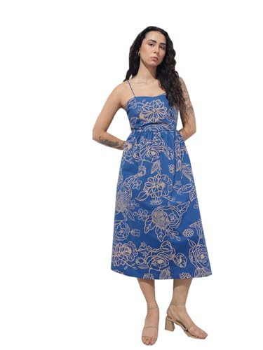 Divena Blue Shoulder Strap Poplin Cotton Midi Dress-DK2316