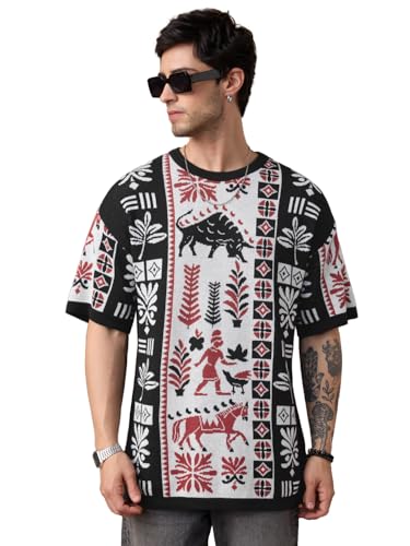 The Souled Store Nomad: Terracotta Men and Boys Short Sleeves Round Neck Black Tribal Graphic Casual Drop Shoulder Streetwear Trendy Oversized T-Shirt